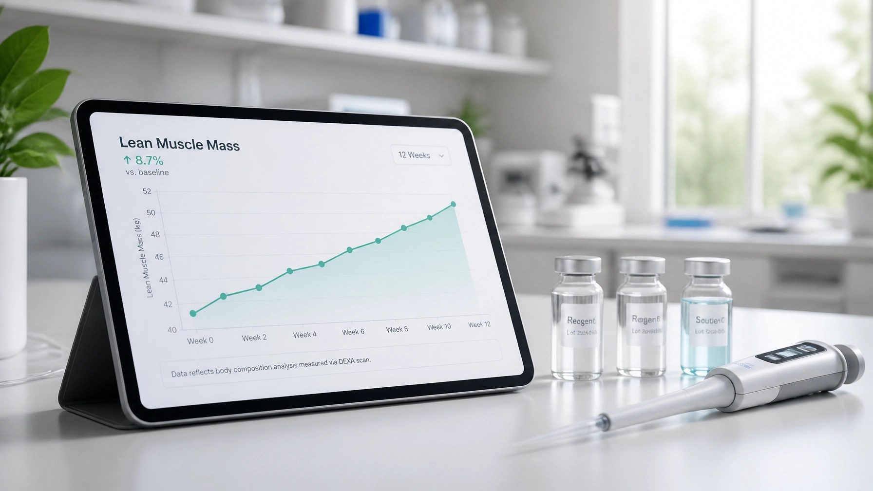 Laboratory workspace showing muscle mass research data