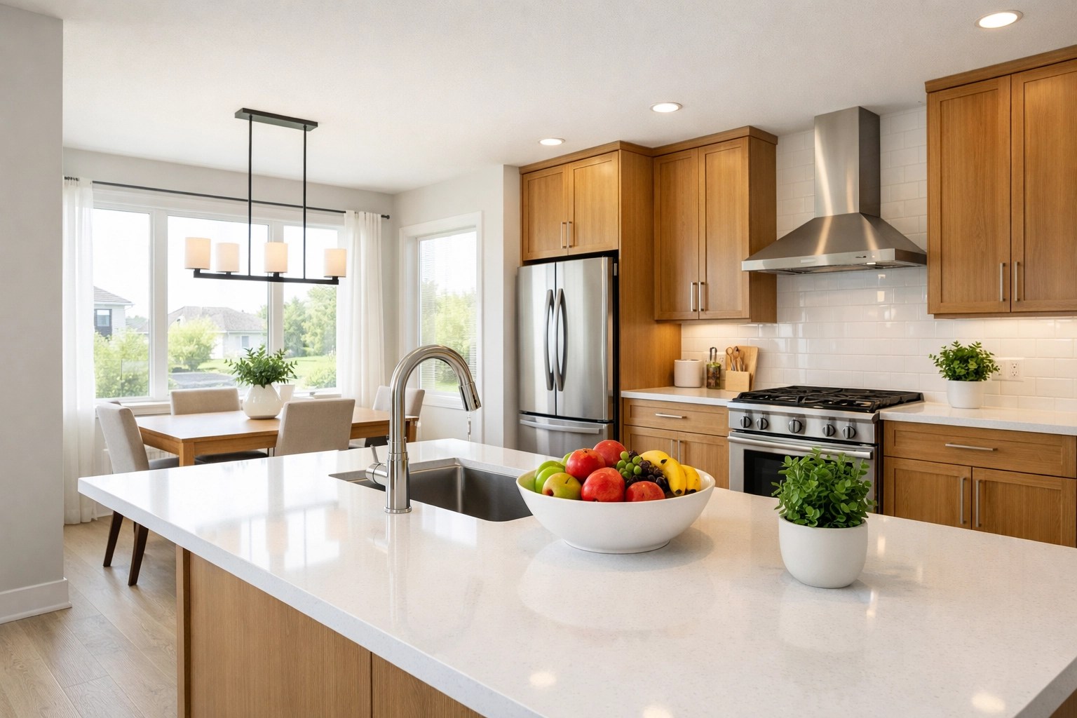 Bright modern kitchen and dining area in a Dayton Ohio home for sale, ideal for professionals.