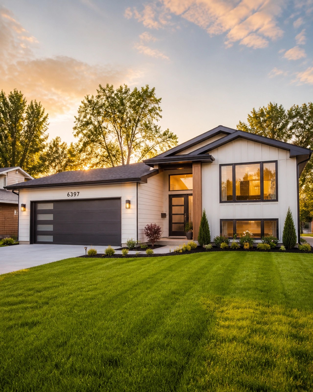 A modern, attractive suburban house in Huber Heights, Ohio, showcasing contemporary architecture and a lush green lawn under warm golden hour lighting.