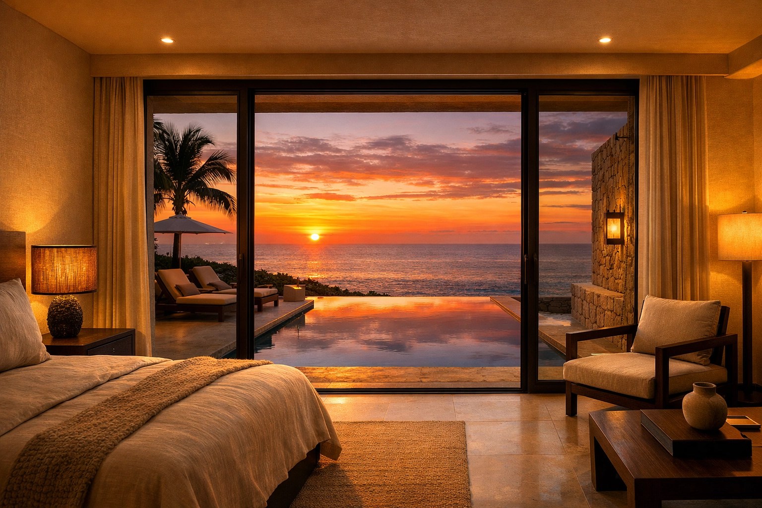 Luxury Mexico resort suite with an infinity plunge pool and sunset views over the ocean.