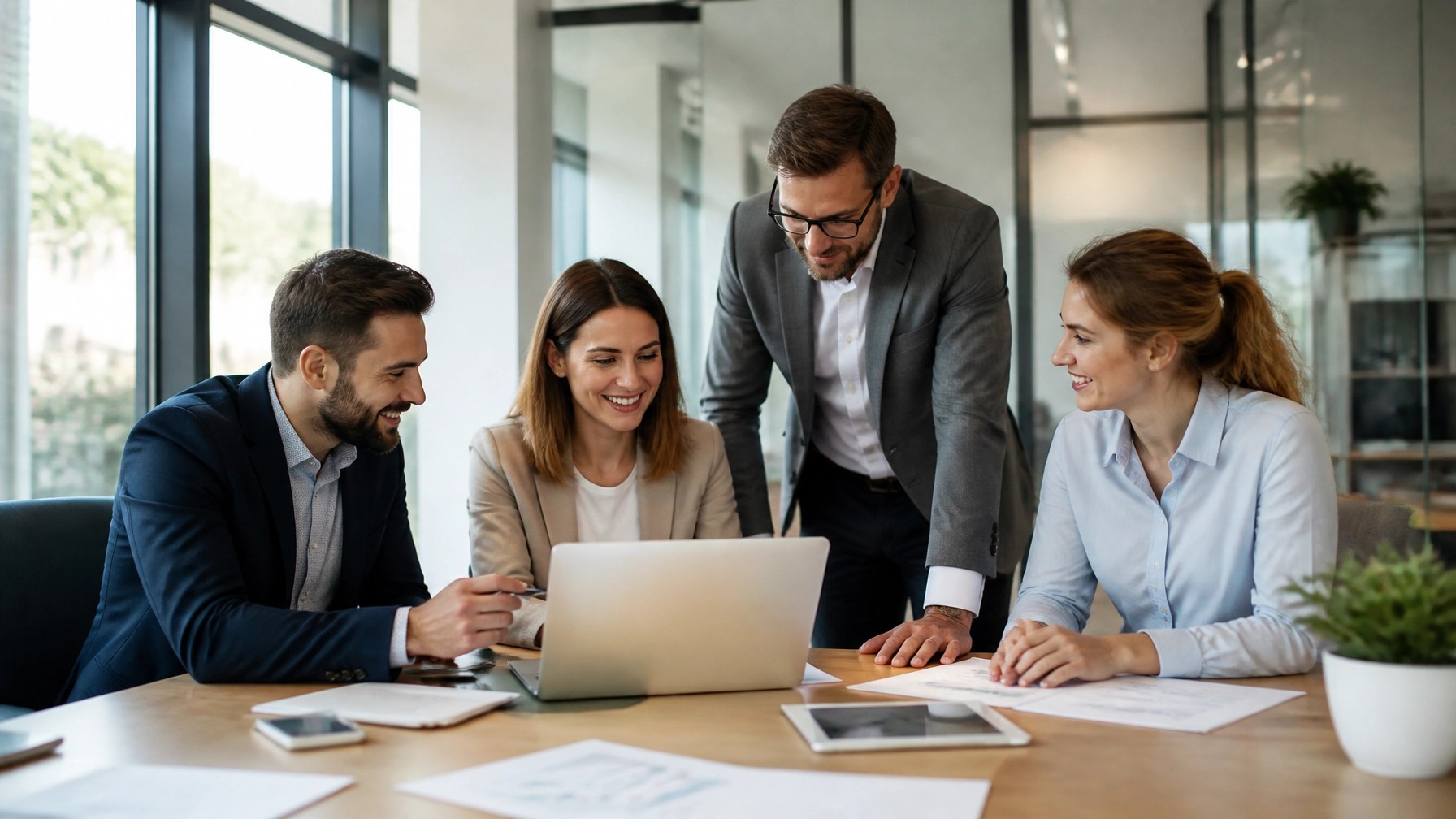 Professional team collaborating in a bright office