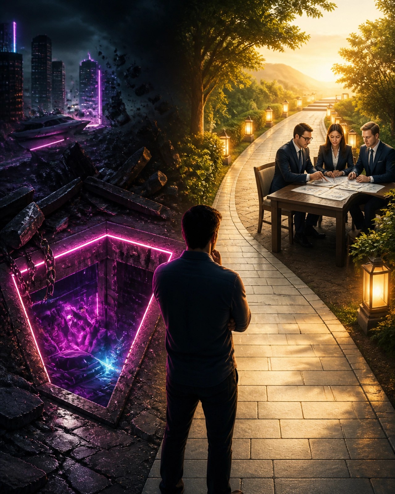 A conceptual image of a crumbling 'Get Rich Quick' neon trapdoor contrasted with a solid path leading to financial experts.