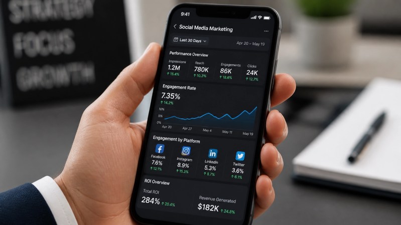 Close-up of a smartphone displaying social media marketing performance graphs, engagement rates, and ROI metrics