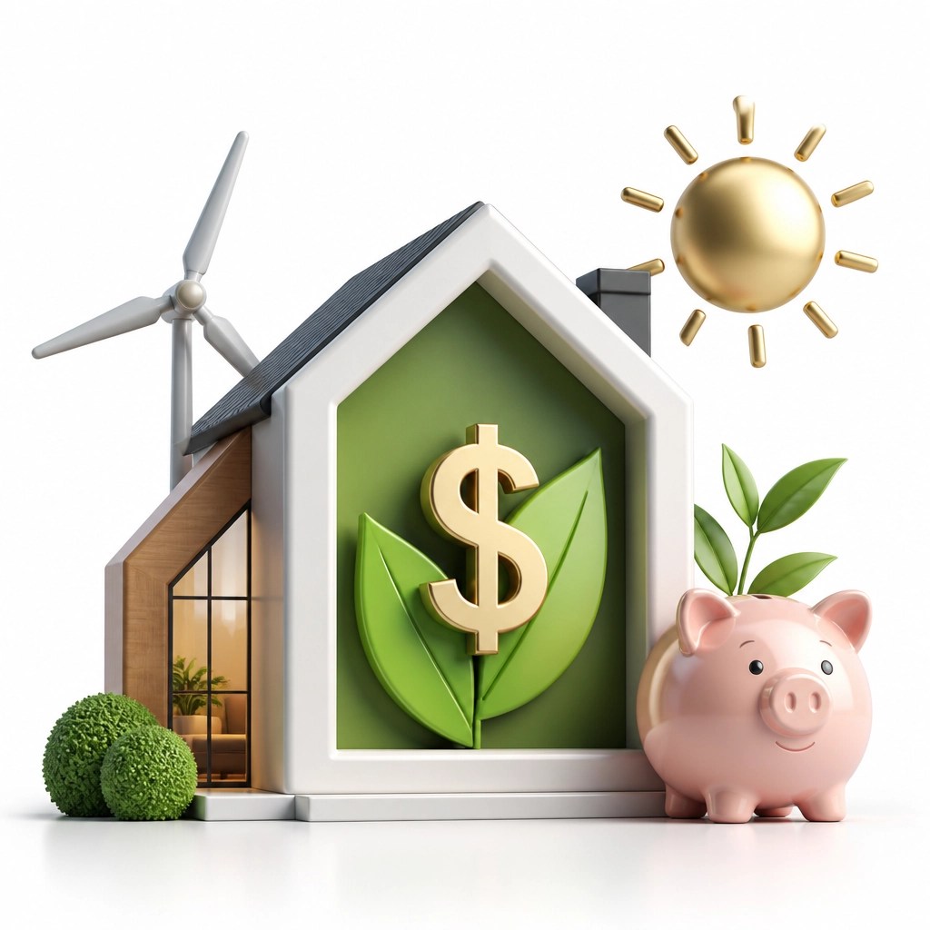 A graphic representing financial savings and energy efficiency with a modern house icon and a piggy bank.