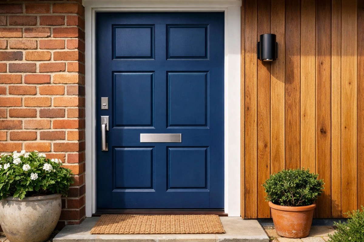 Freshly painted deep blue front door with warm brick and timber details on an Orange NSW home.