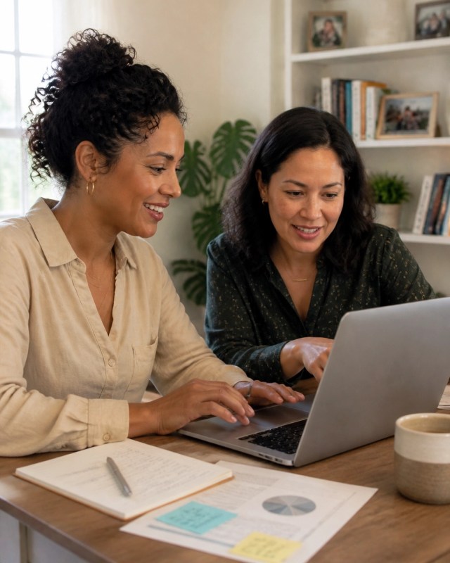 Nonprofit grant coordinator and executive director reviewing a grant draft and program budget together