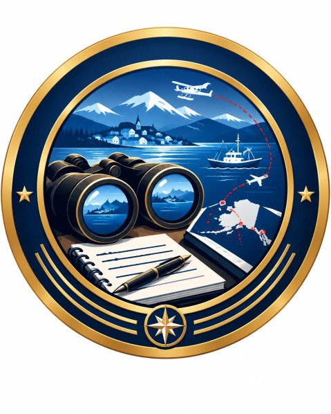 A discreet field investigation emblem showing a notebook, binocular silhouette, aircraft, boat routes, and a distant Alaska community
