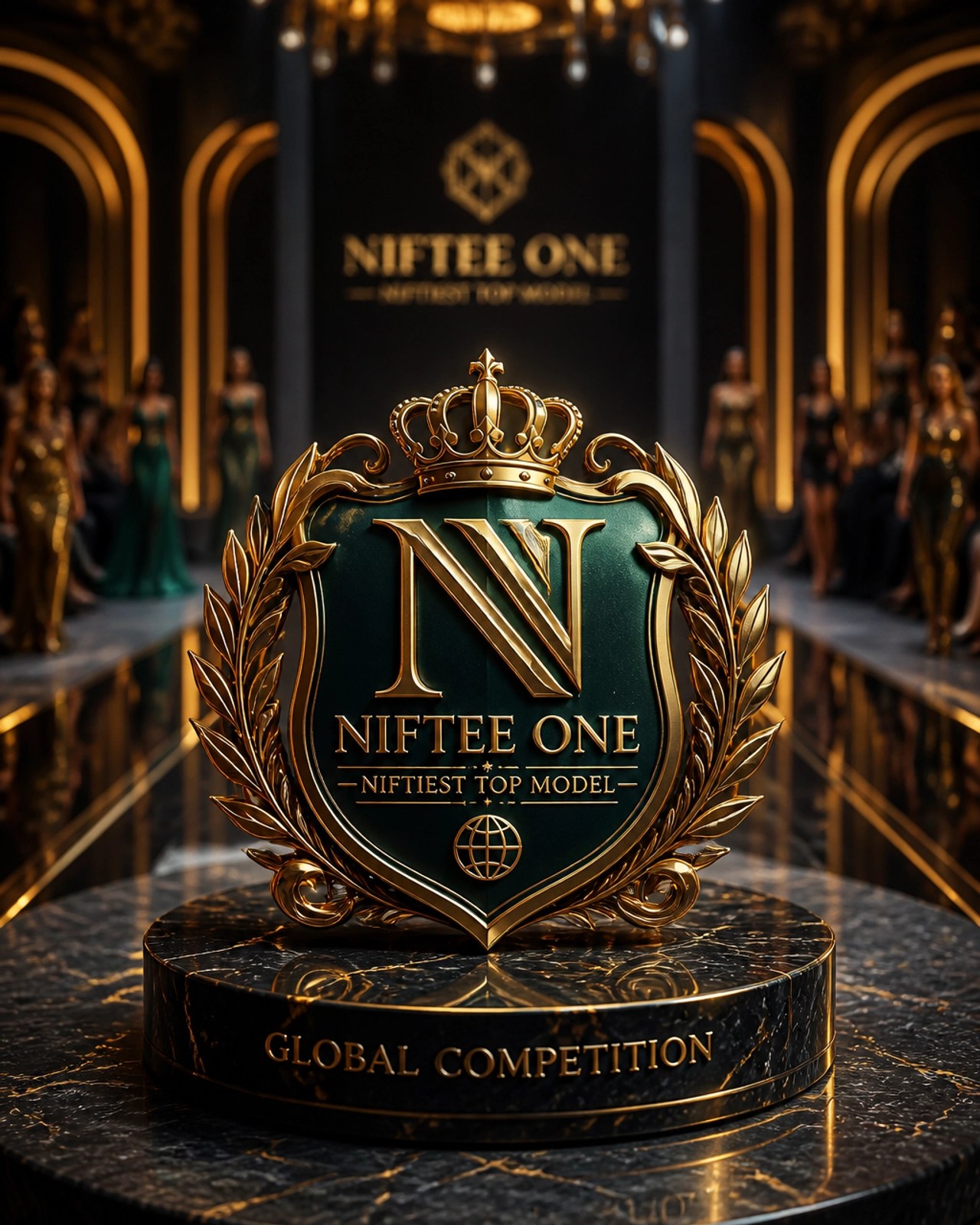 Niftee One brand crest on a marble pedestal representing global modeling competitions