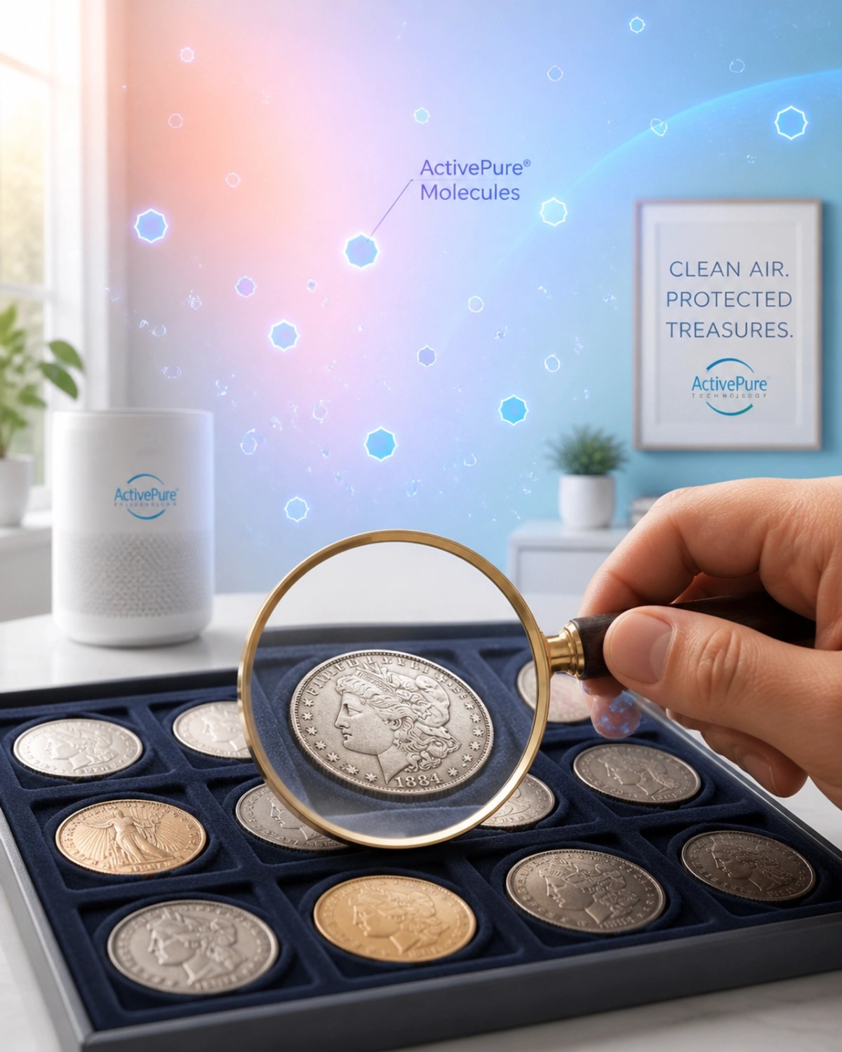 Close-up of coins being inspected with a magnifying glass in a clean environment