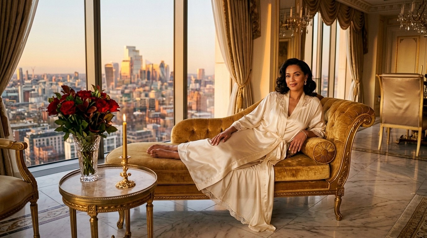 A luxurious penthouse scene featuring a woman in a silk robe lounging on a gold chaise, embodying the effortless receiving energy of a queen in her throne room.