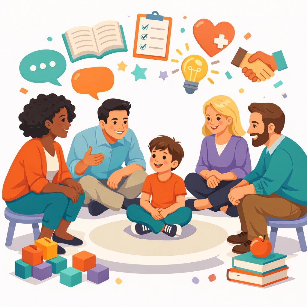 Teachers, parents, and counselors collaborating to support child after school screening concerns