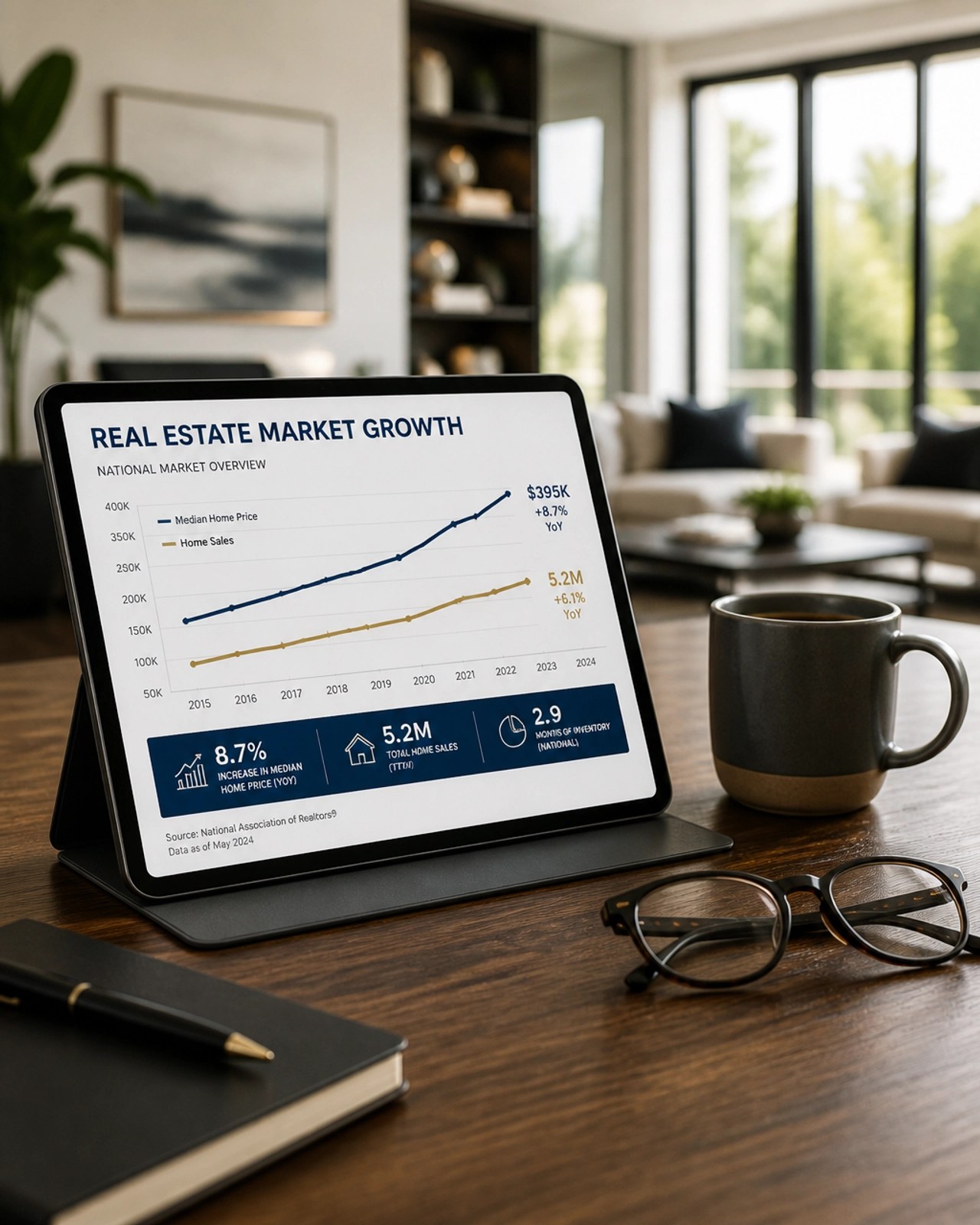 A professional workspace setting with a tablet showing a market growth chart, reflecting a sophisticated and data-driven approach to real estate.