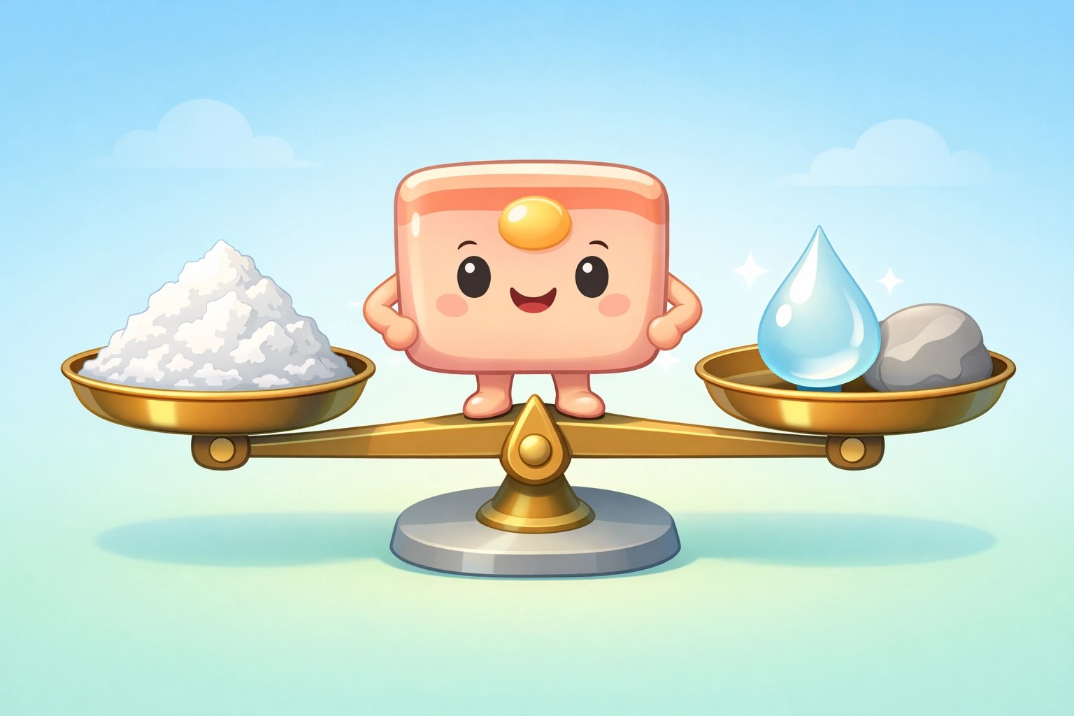 Cartoon illustration showing the balance of minerals and clay for healthy skin pH in natural deodorant.