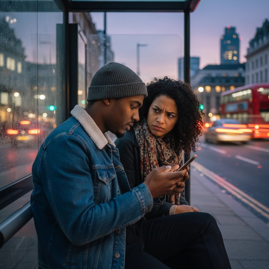 One friend glancing over as another turns away to check a phone at a London bus stop at dusk – growing doubt