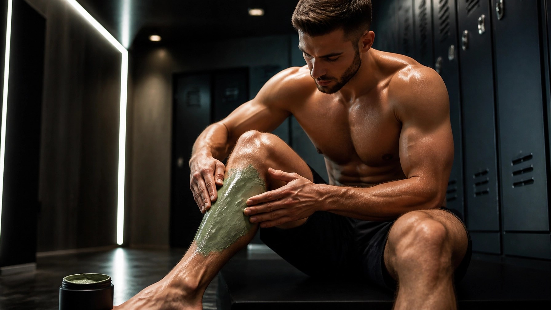 Athlete applying green clay for sports recovery