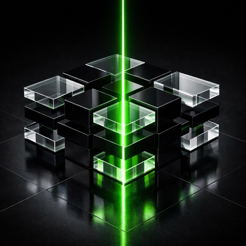 Minimalist data structure grid with neon light signifying technical SEO precision and site performance metrics.