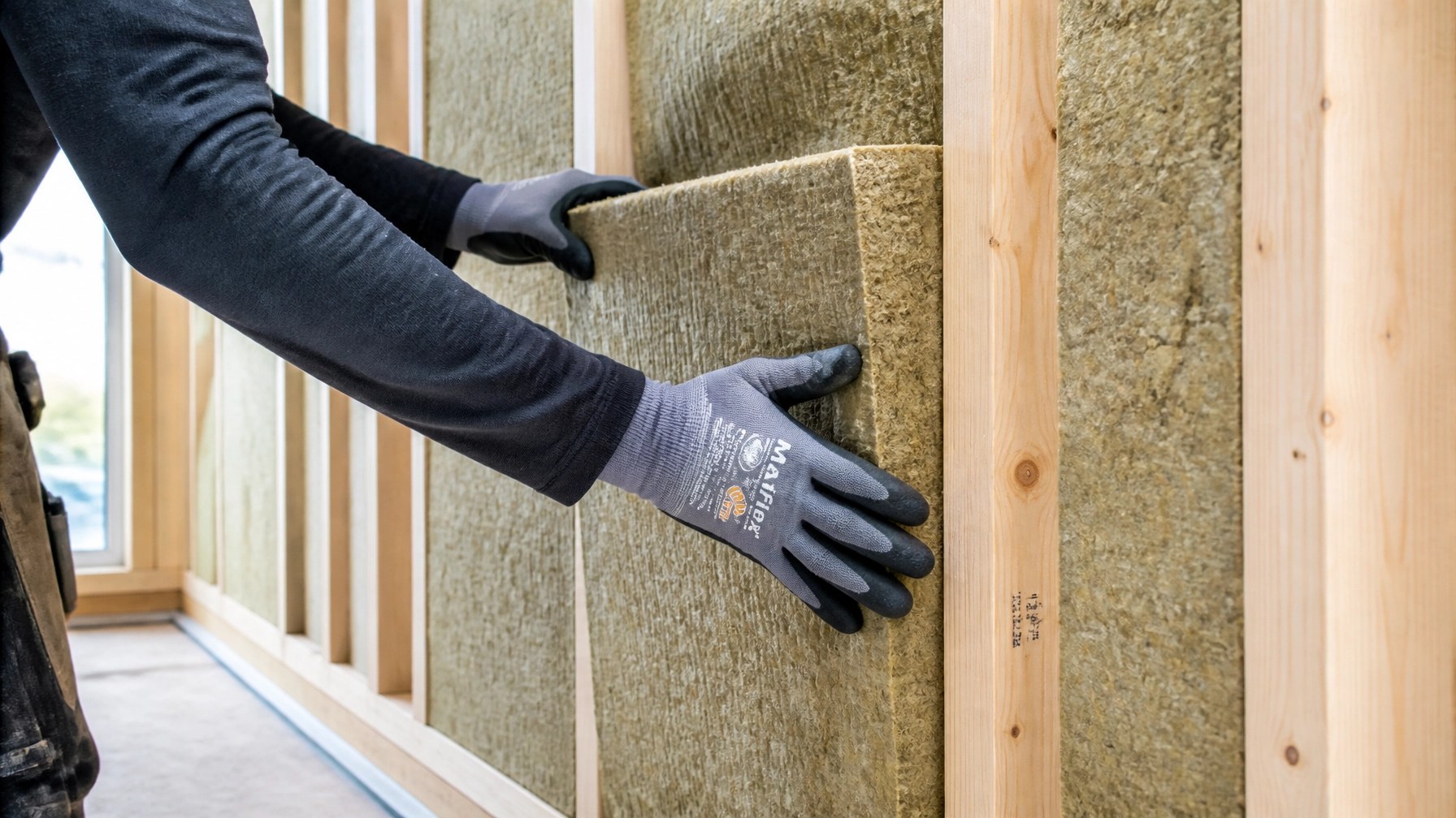 A professional residential contractor installing high-quality insulation in a new home build.