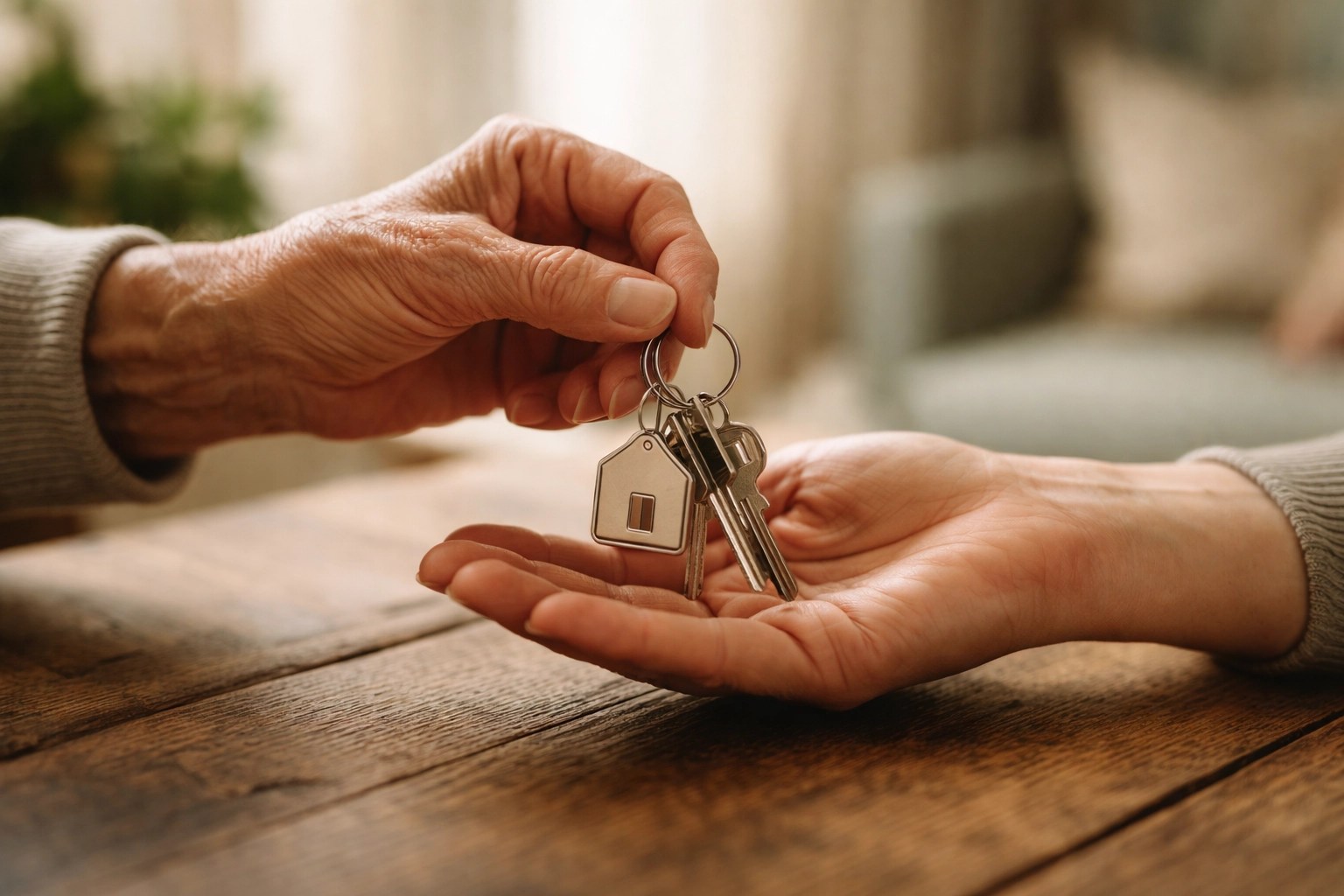 Hands exchanging house keys symbolizing joint ownership property transfer between family generations