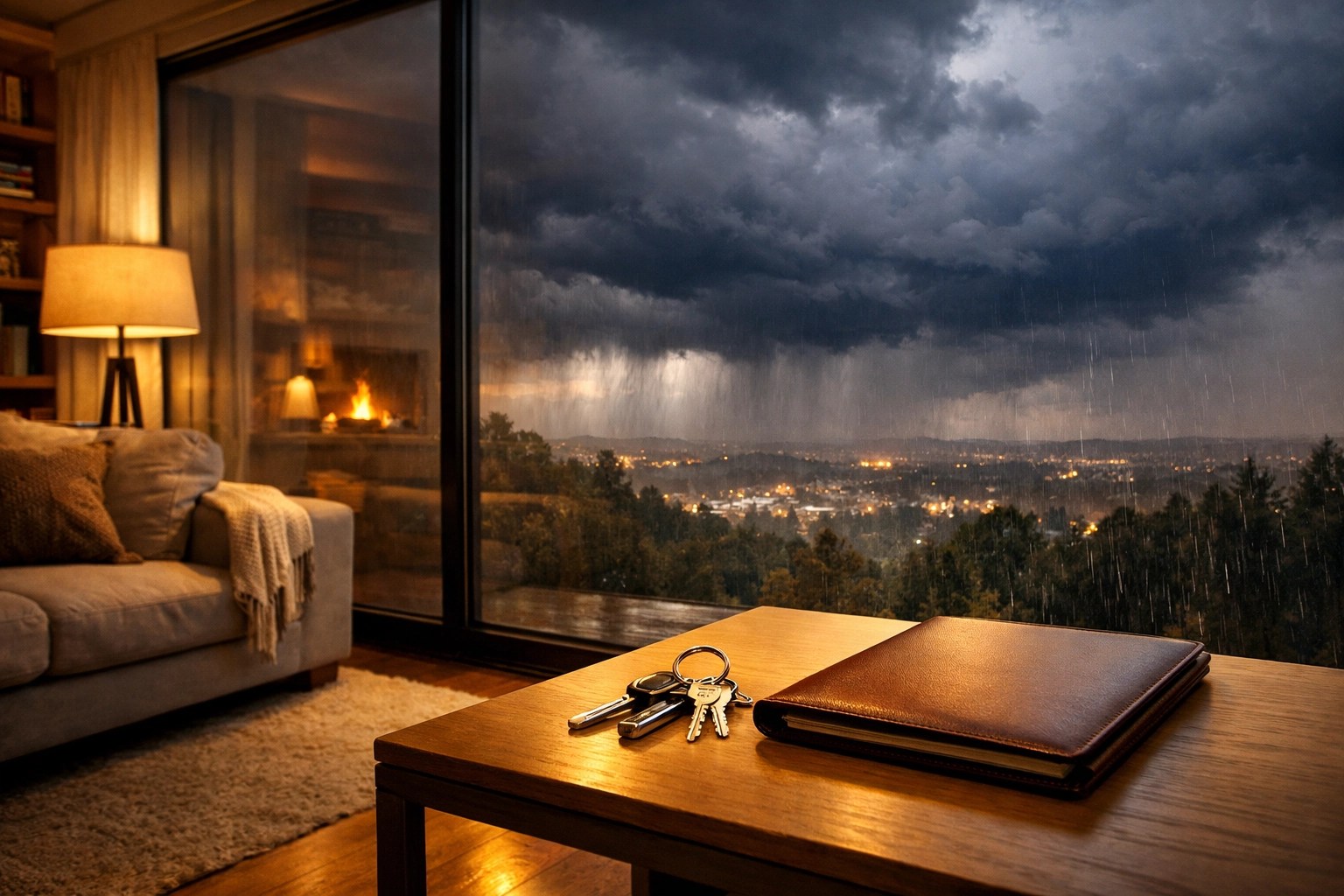 Warm interior looking out at a storm, symbolizing peace of mind with North Georgia and Atlanta-area home insurance coverage.