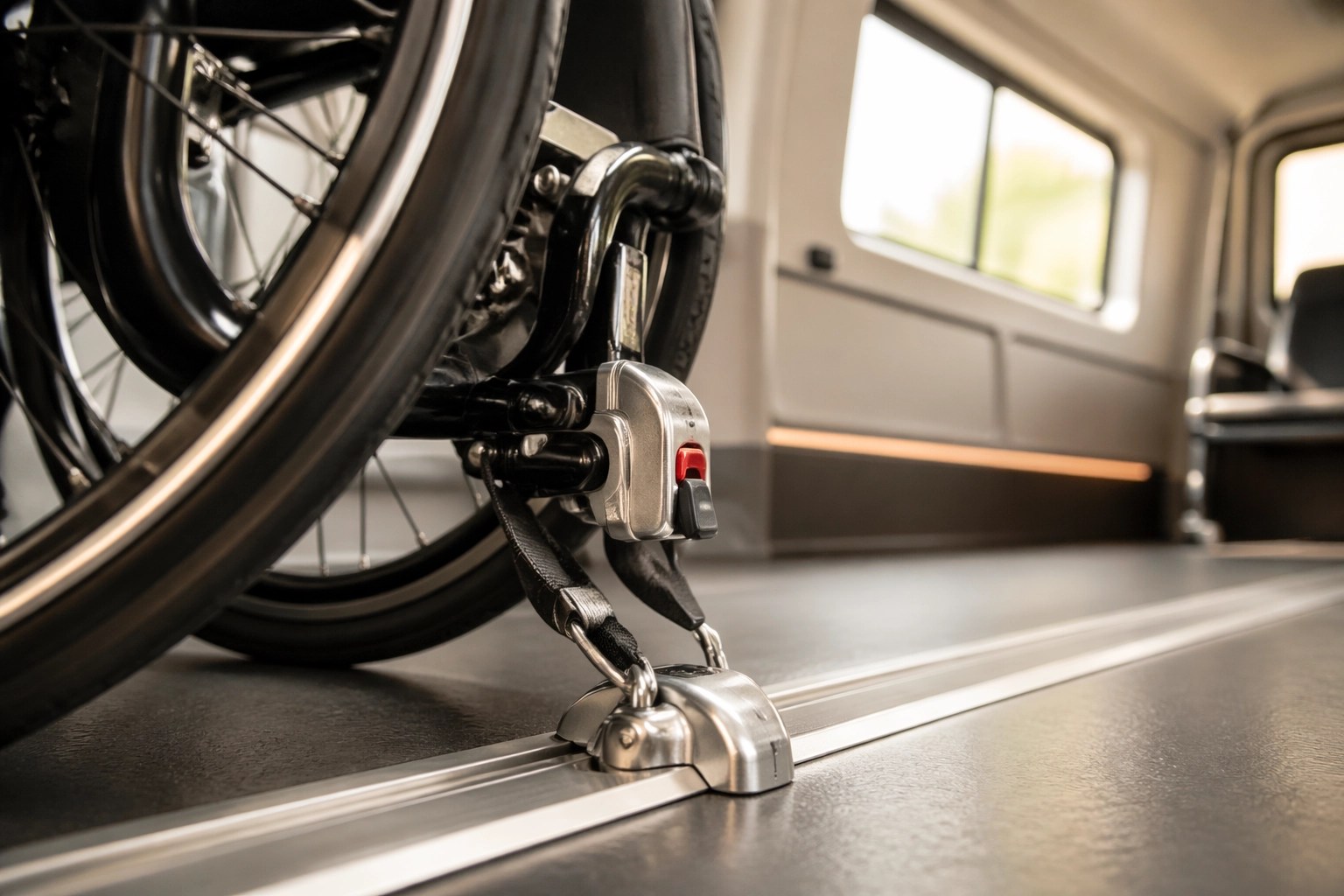 Close-up of a wheelchair's secure locking mechanism inside a modern accessible medical transport vehicle.