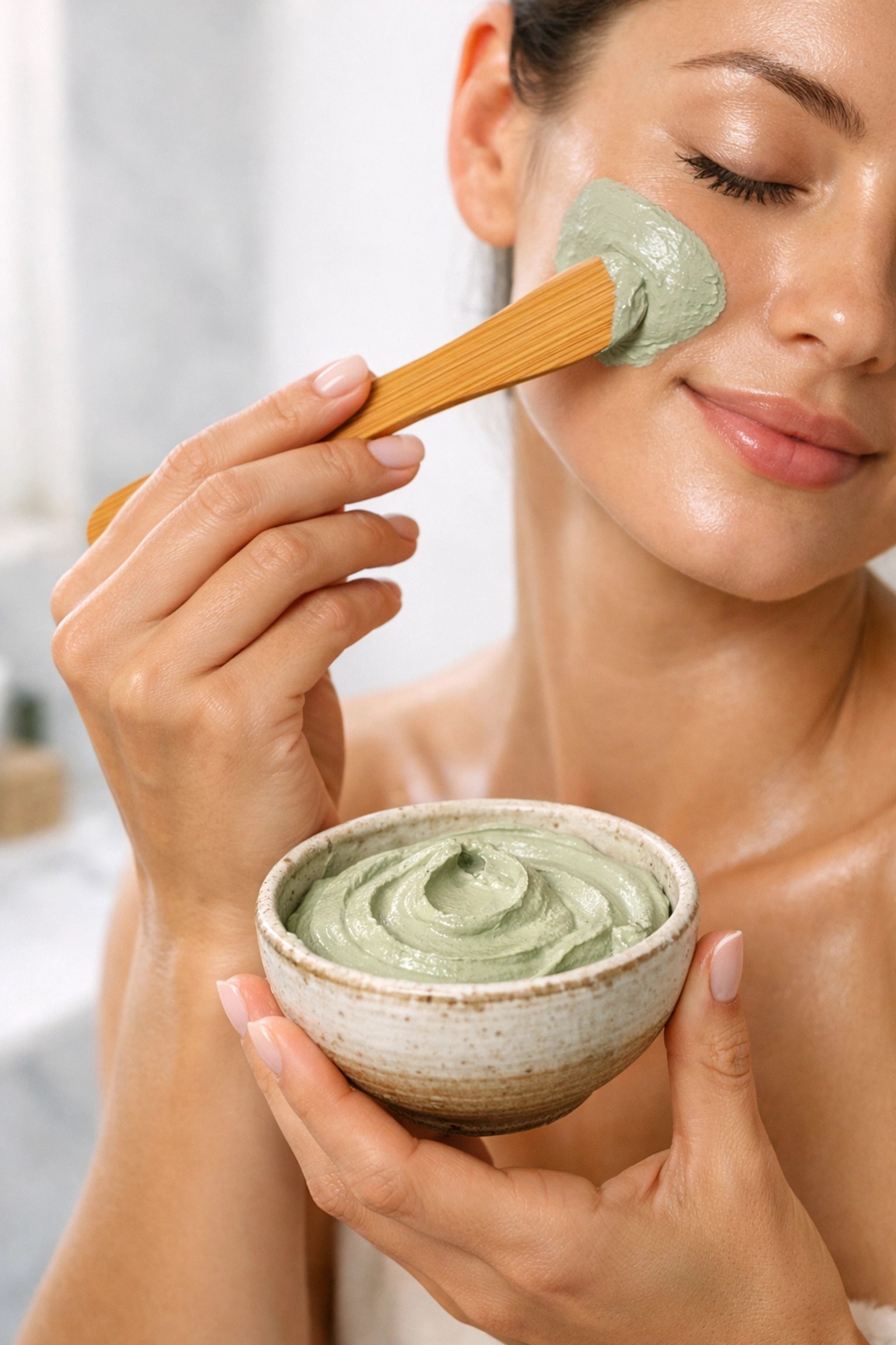 A person applying a smooth green clay mask to their face using a wooden spatula for natural skin healing.