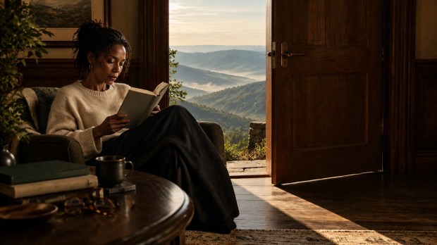 A Black woman reading a plain book in a quiet mountain estate room with layered ridges beyond