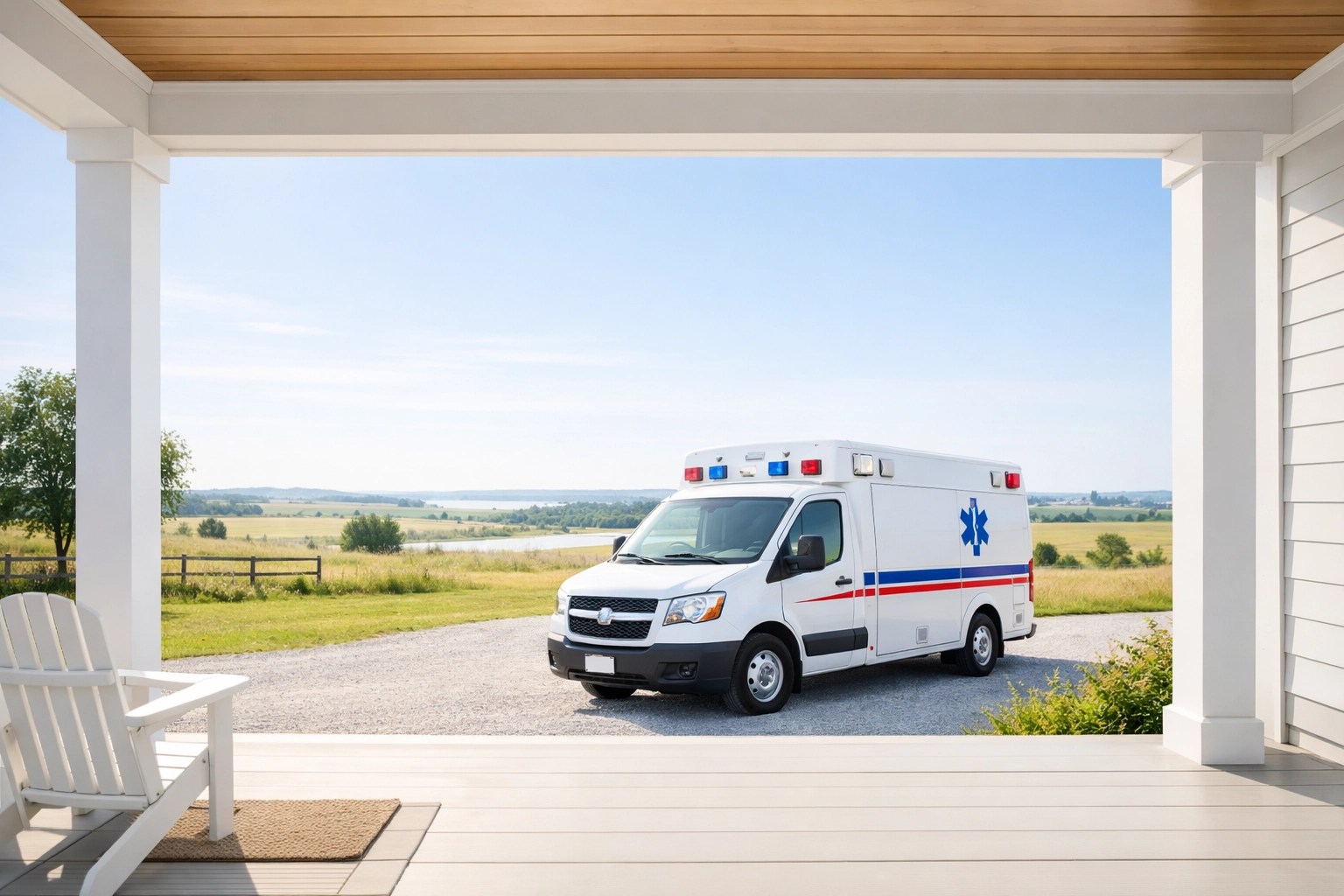 Reliable medical transport van parked outside a remote rural home ready for a patient's appointment.
