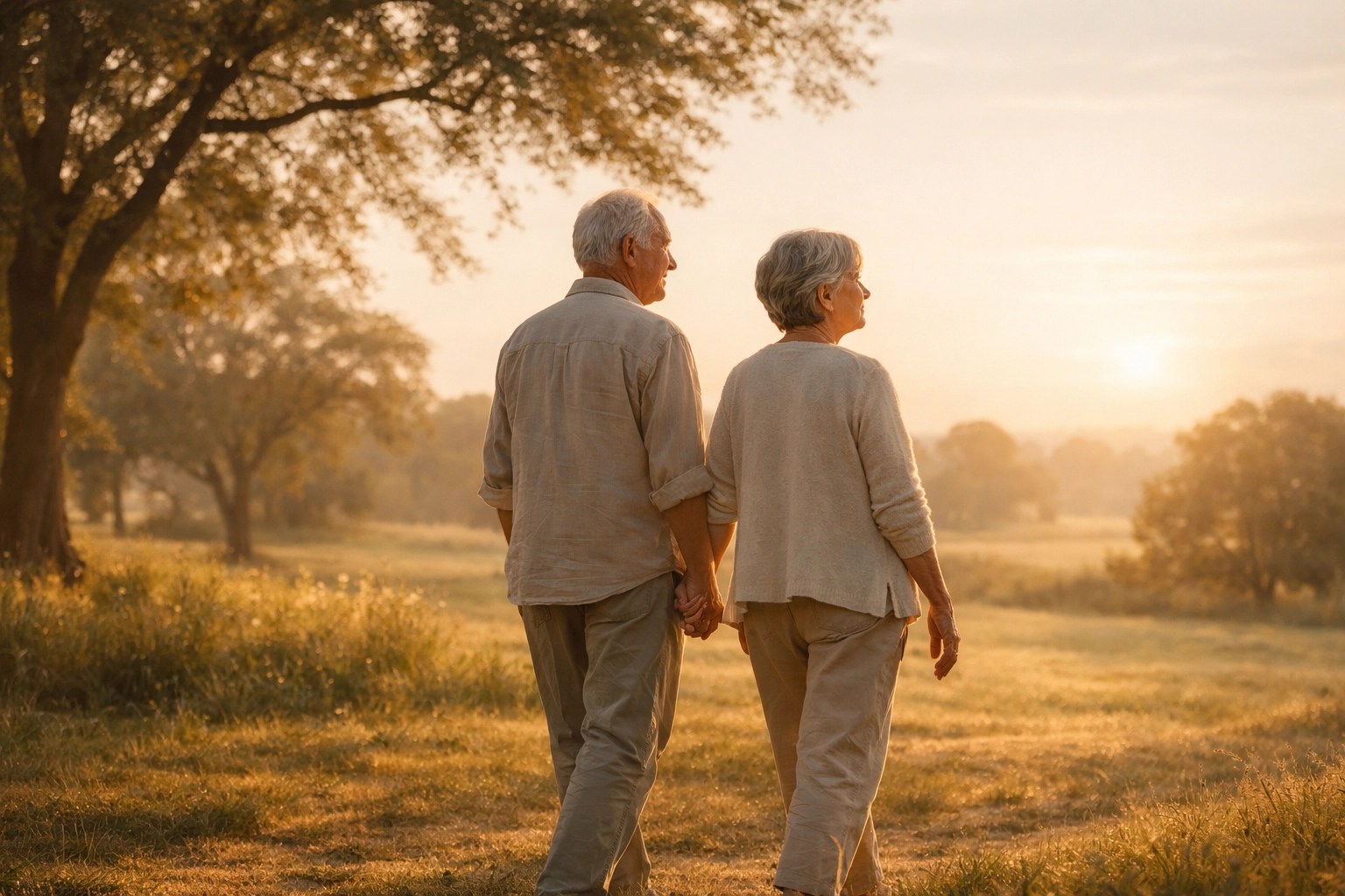 A senior couple walking in a park, enjoying financial freedom and retirement peace of mind.