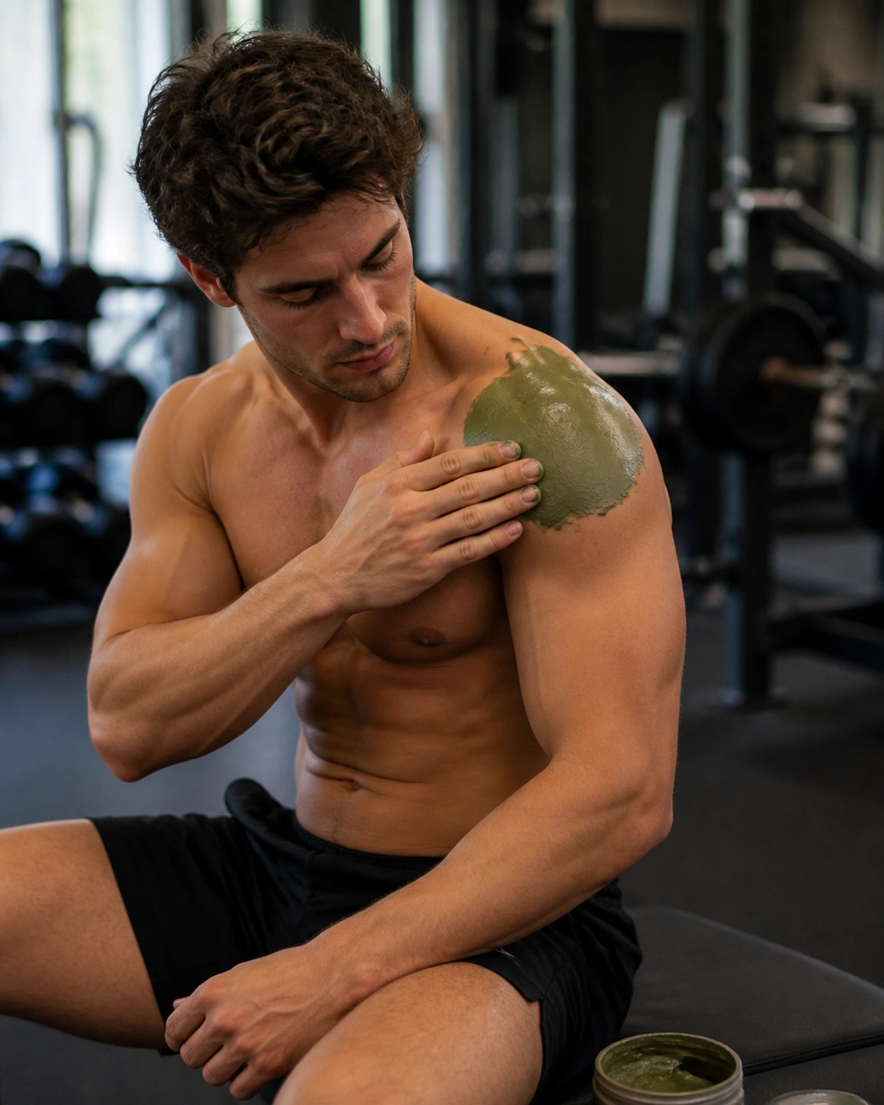 Athlete applying clay to shoulder