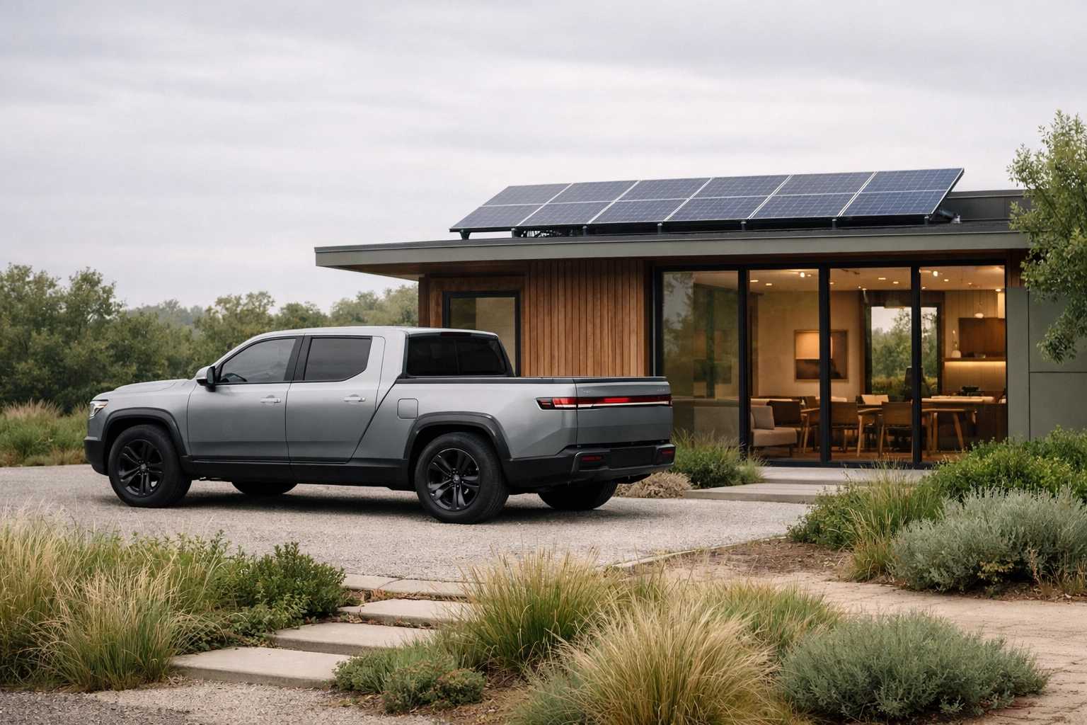 Modern electric pickup parked next to an eco-friendly home with solar panels, representing green living.