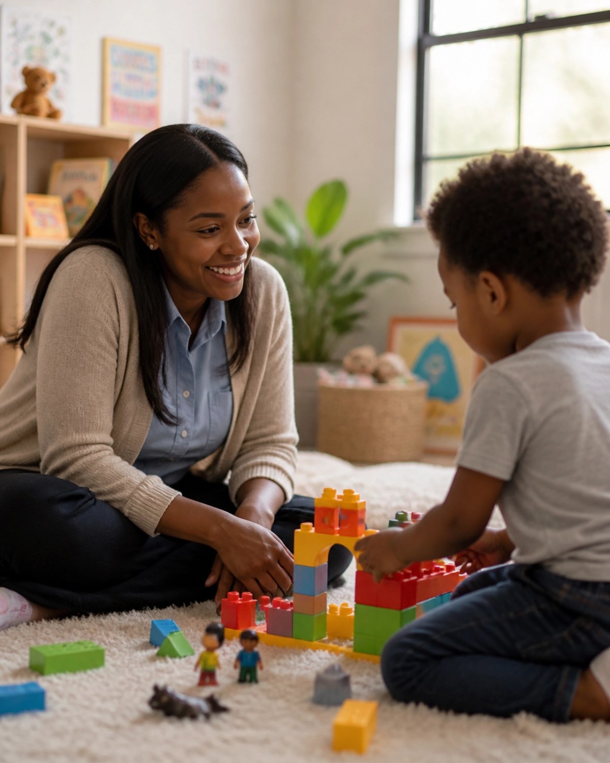 A Black female therapist engaging in a play therapy session with a young child using building blocks.