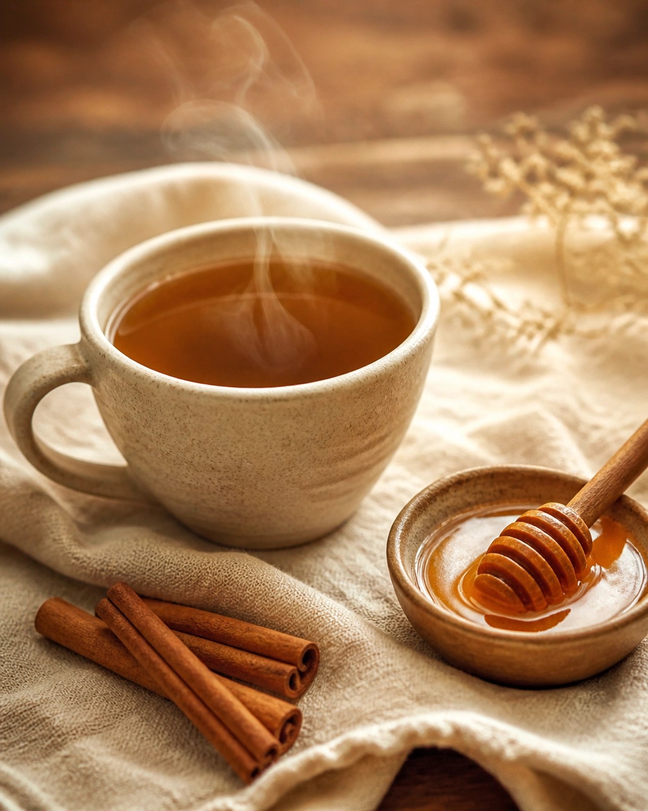 A warm and grounding scene featuring a steaming cup of herbal tea with cinnamon and honey, designed to pacify the airy and cold nature of Vata.