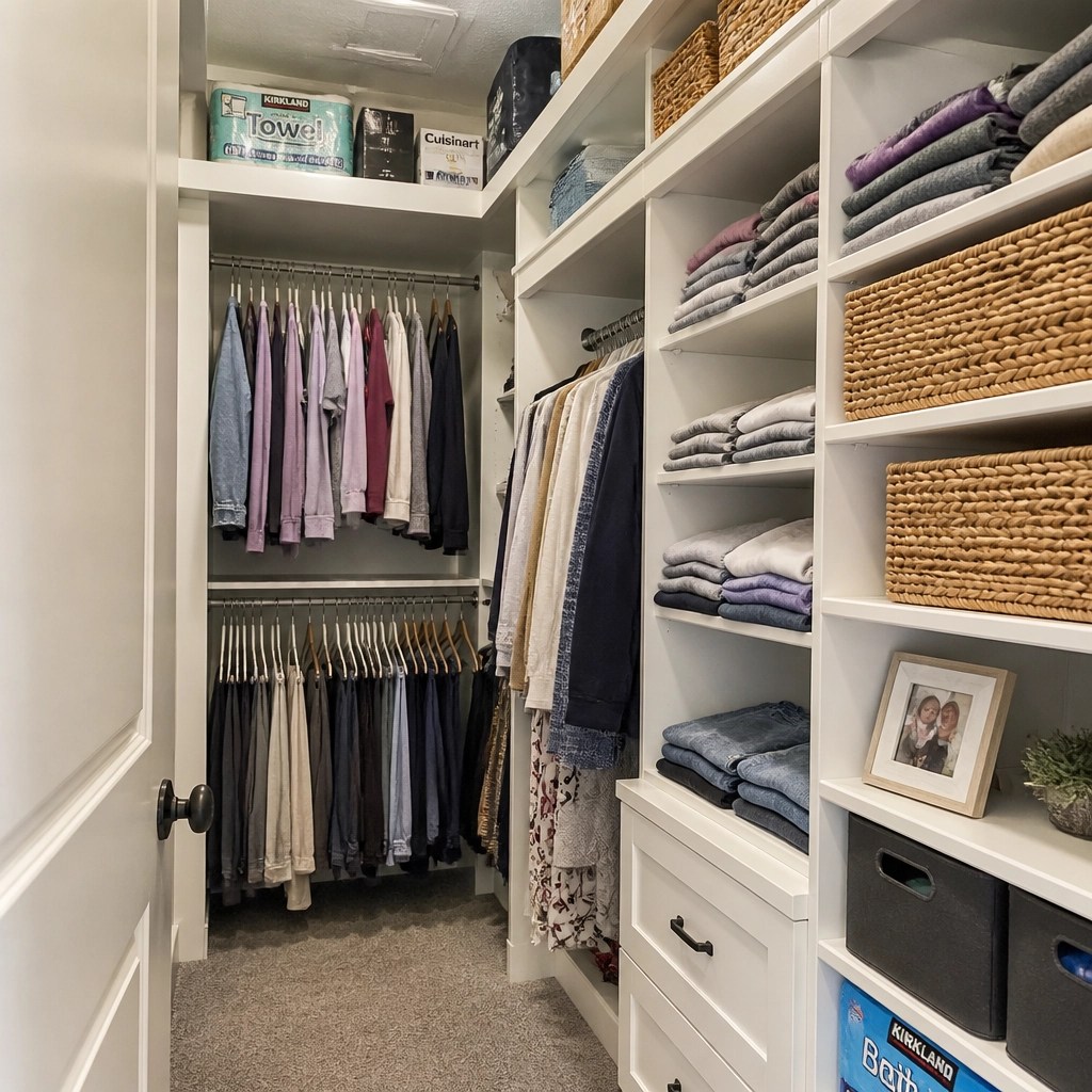 AI-generated generic organized closet with simple bins, visible original packaging, and practical shelving