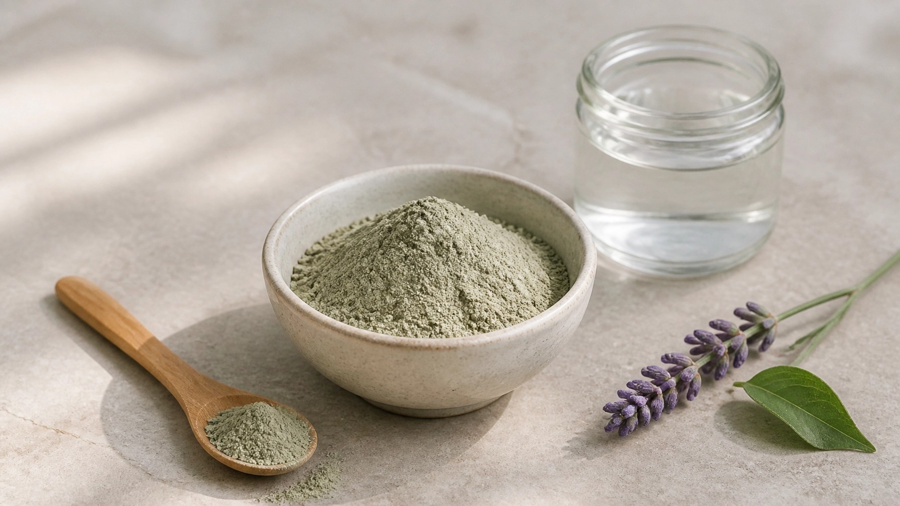 Bowl of raw French green clay powder with a wooden spoon and water