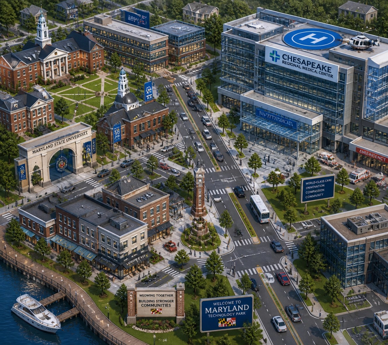 Aerial view of Towson Maryland town center featuring university and hospital hubs driving rental demand.
