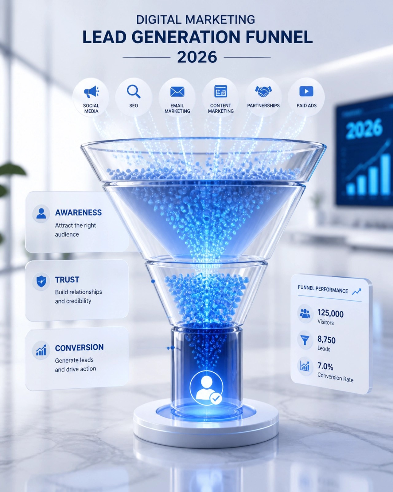 A 3D visualization of a modern lead generation funnel showing the flow from awareness to conversion with glowing data points.