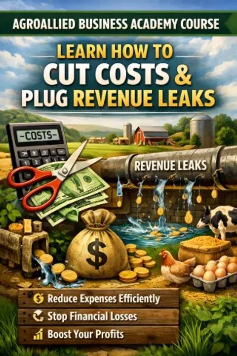 A leaking pipe labeled Revenue Leaks dripping money alongside farm animals and produce