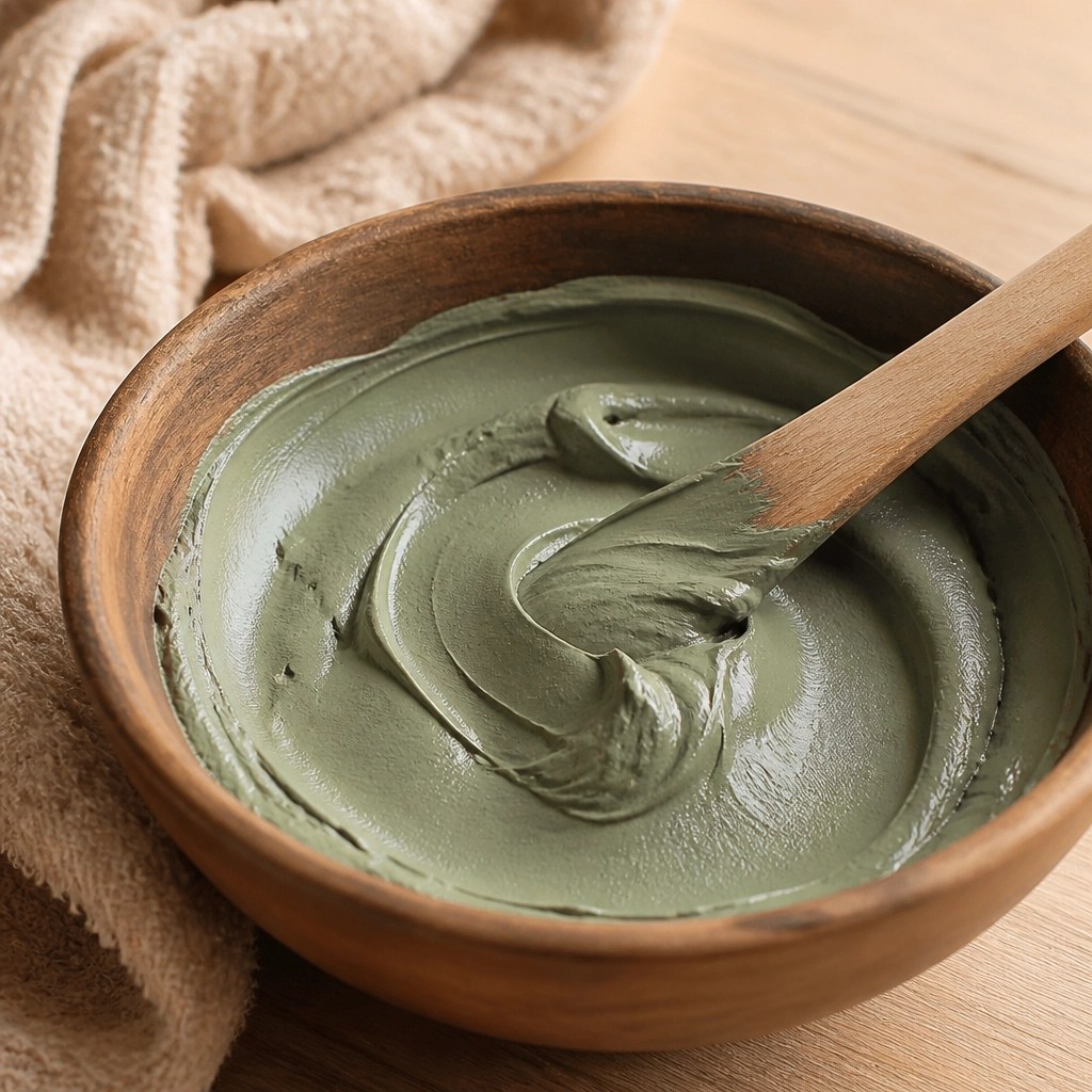 French green clay being prepared in a wooden bowl
