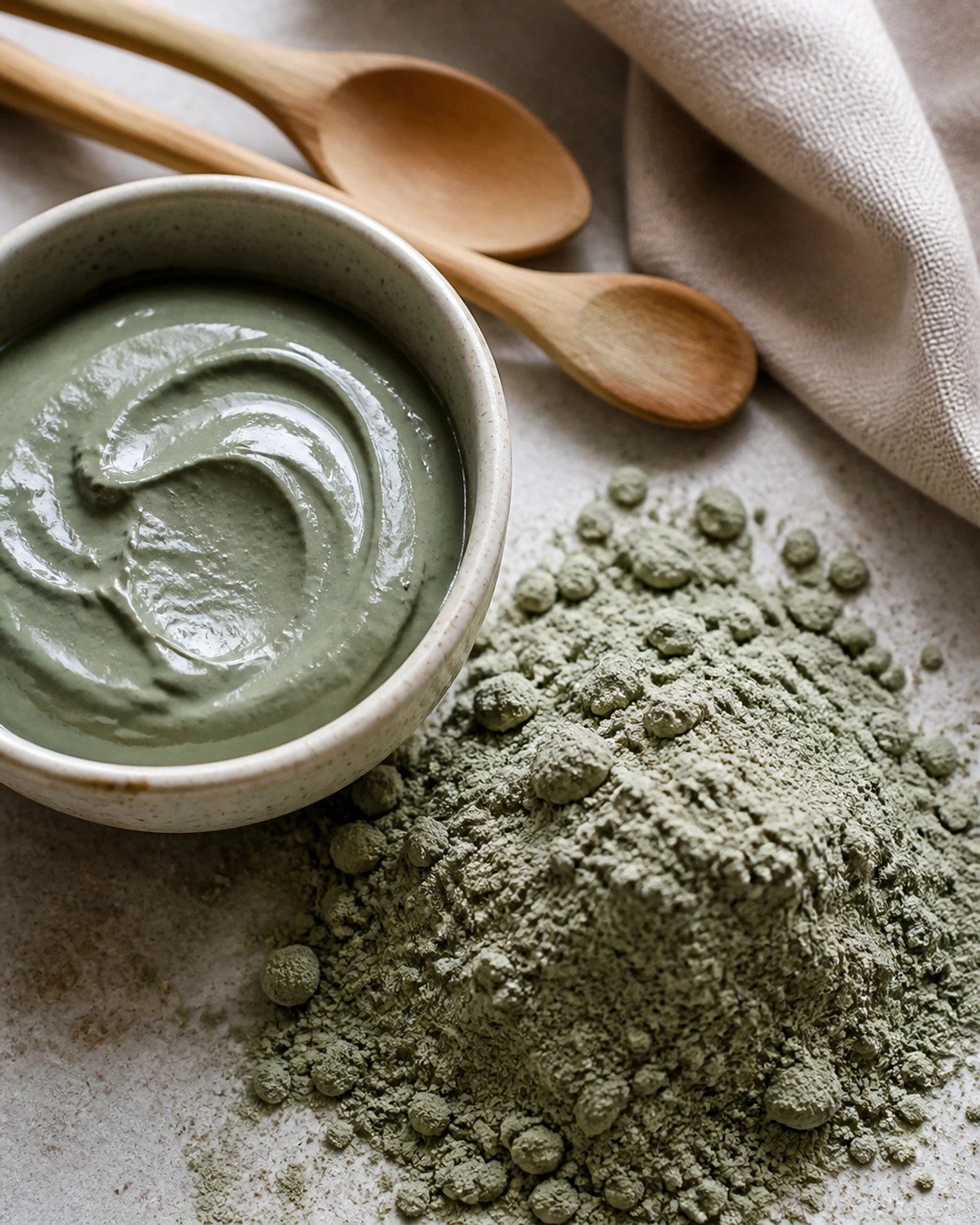 Close-up of pure French Green Clay powder and paste.