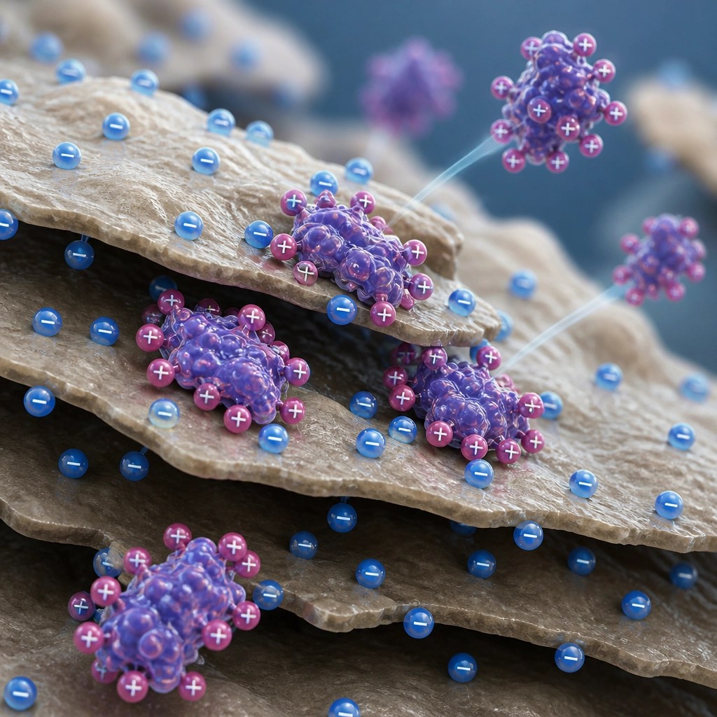 Microscopic illustration of clay minerals binding toxins