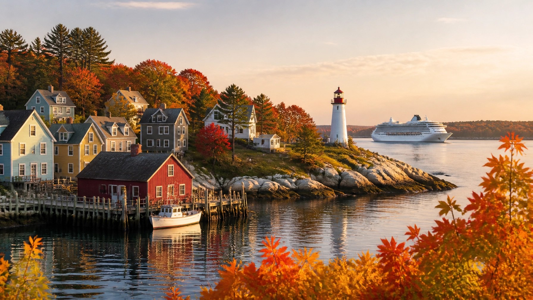 Autumn coastline with historic harbor, lighthouse, and calm water