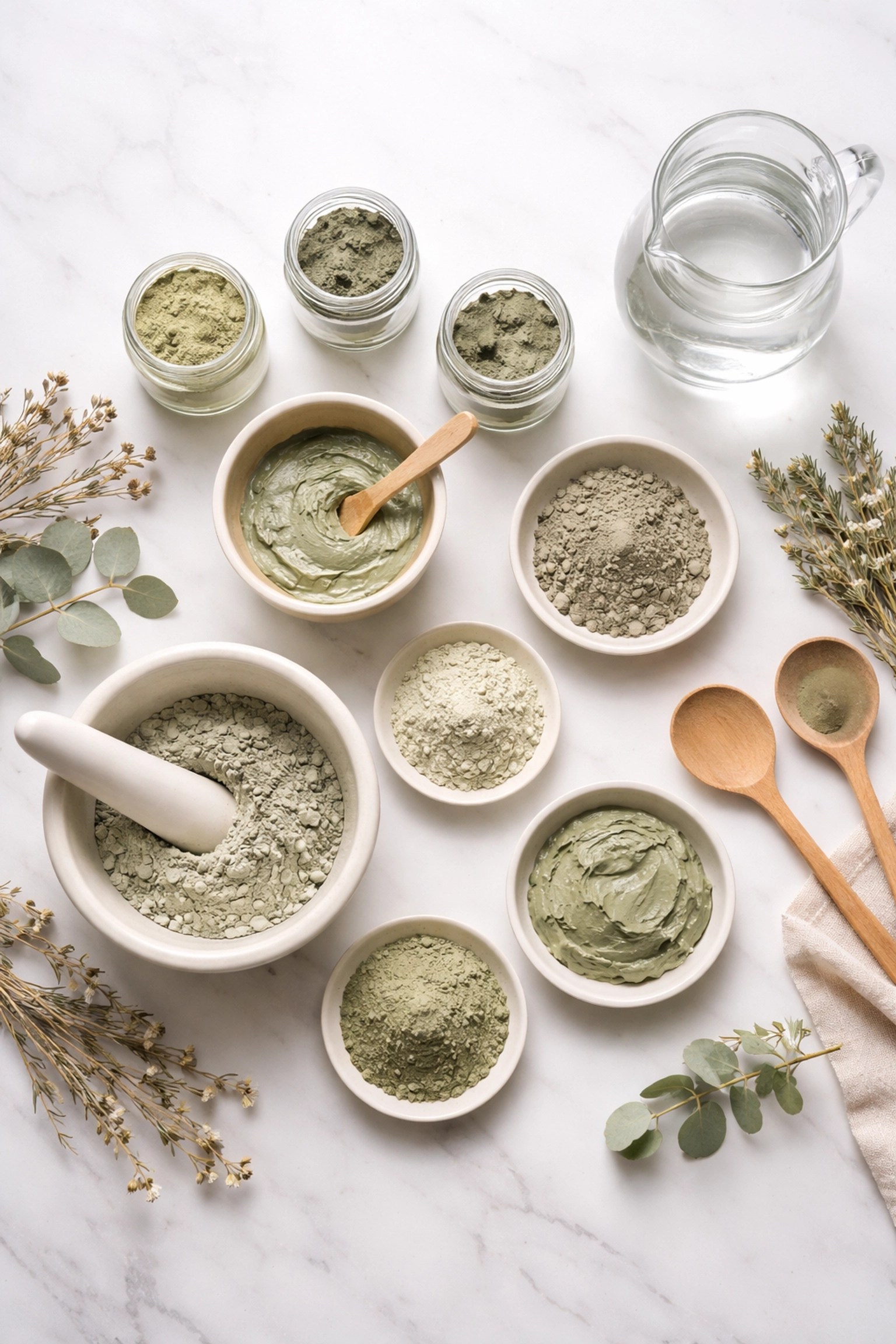 Flat-lay of various green clay powders, jars, and water pitcher on white marble, representing green clay's purity and uses