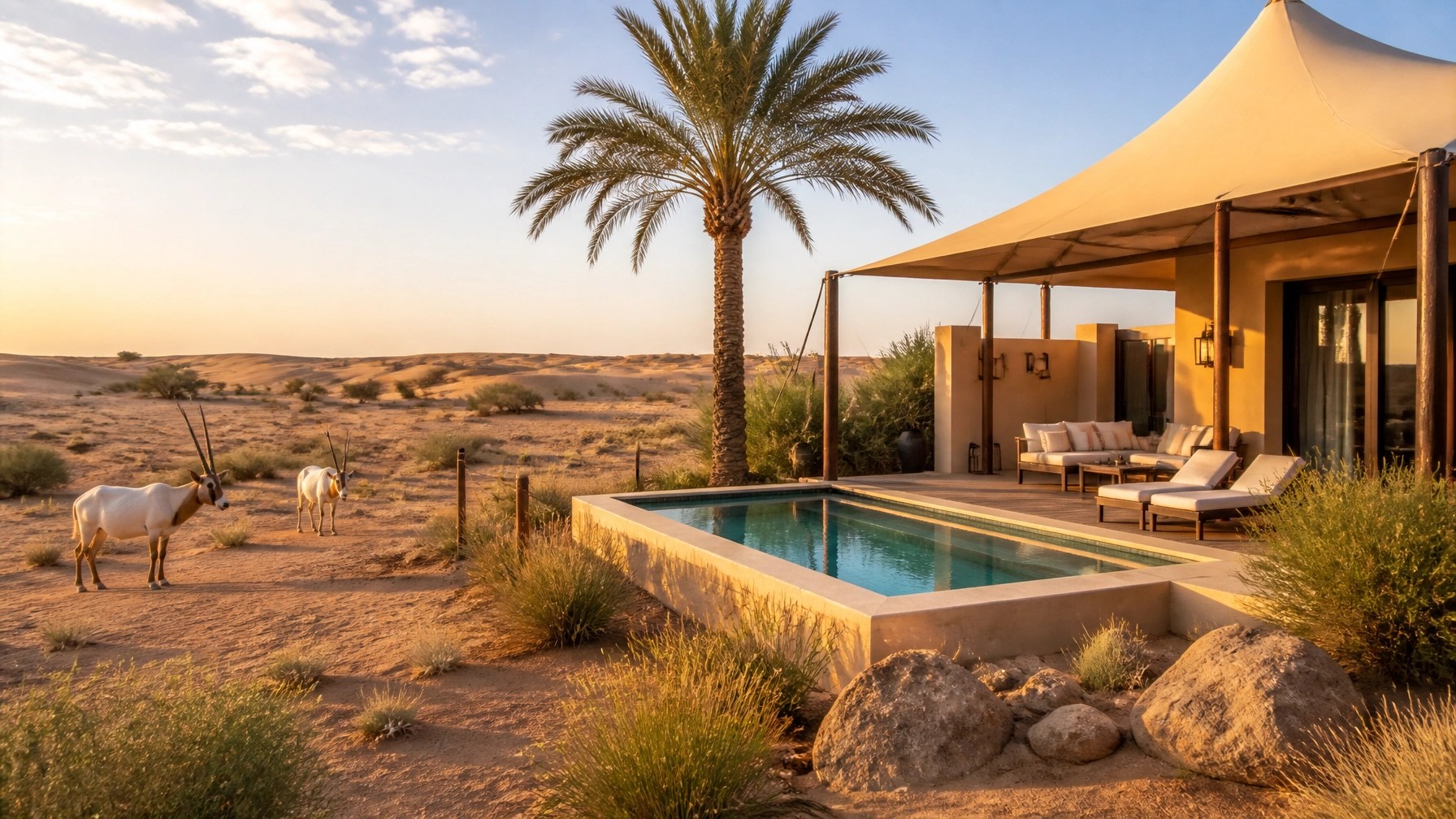 Bright daytime desert villa at Al Maha with private pool, Arabian oryx, golden dunes and refined seclusion in the Dubai Desert Conservation Reserve