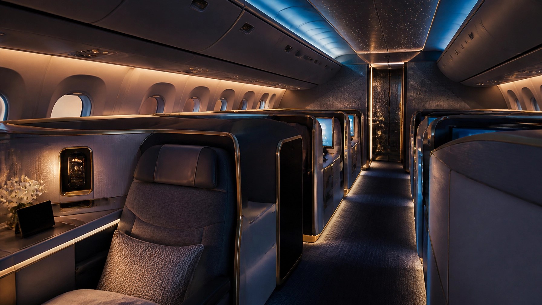 Premium airplane cabin with refined seating and mood lighting.