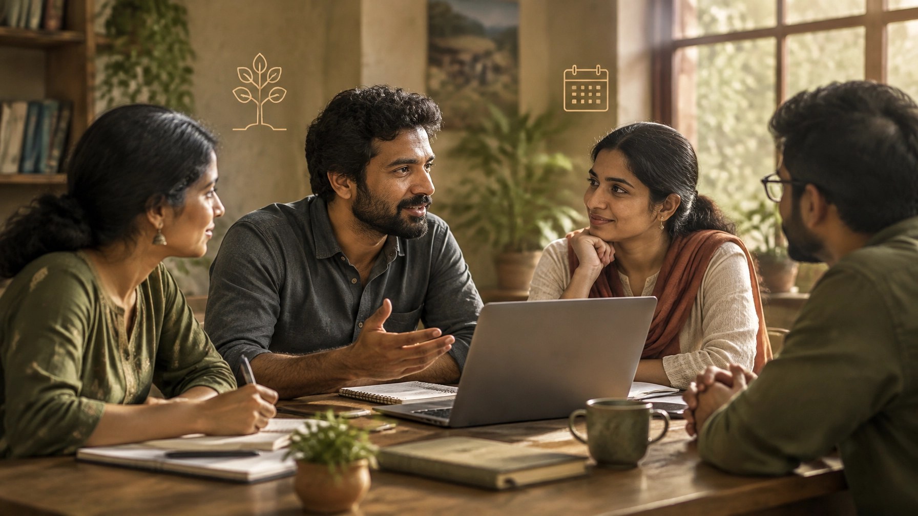 A small Indian NGO team planning a community project and fundraising campaign