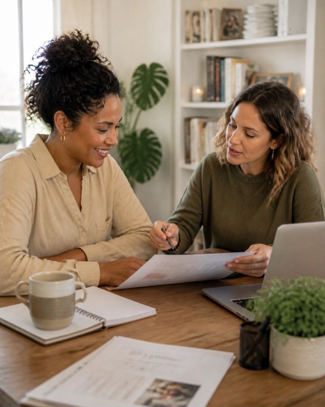 Consultant and agency owner reviewing a client report before a meeting