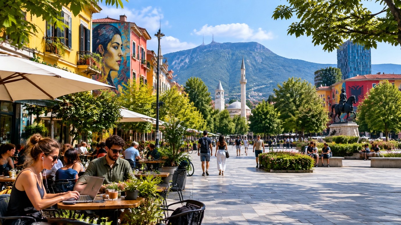 Colorful cafe-lined street in Tirana with Dajti mountain in the distance