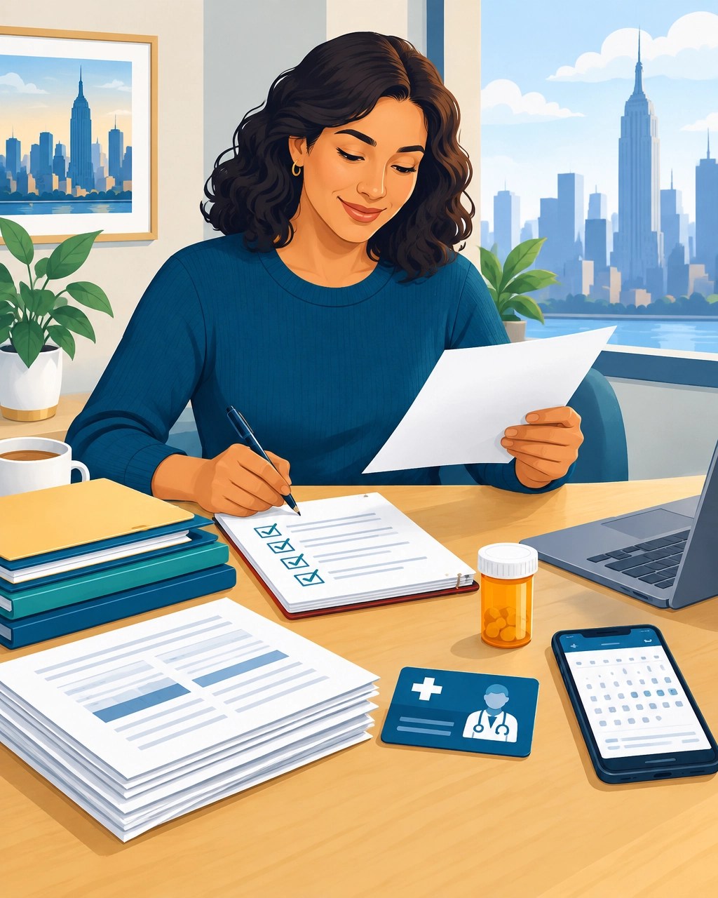 New York resident organizing income records, prescriptions, and enrollment documents for marketplace coverage