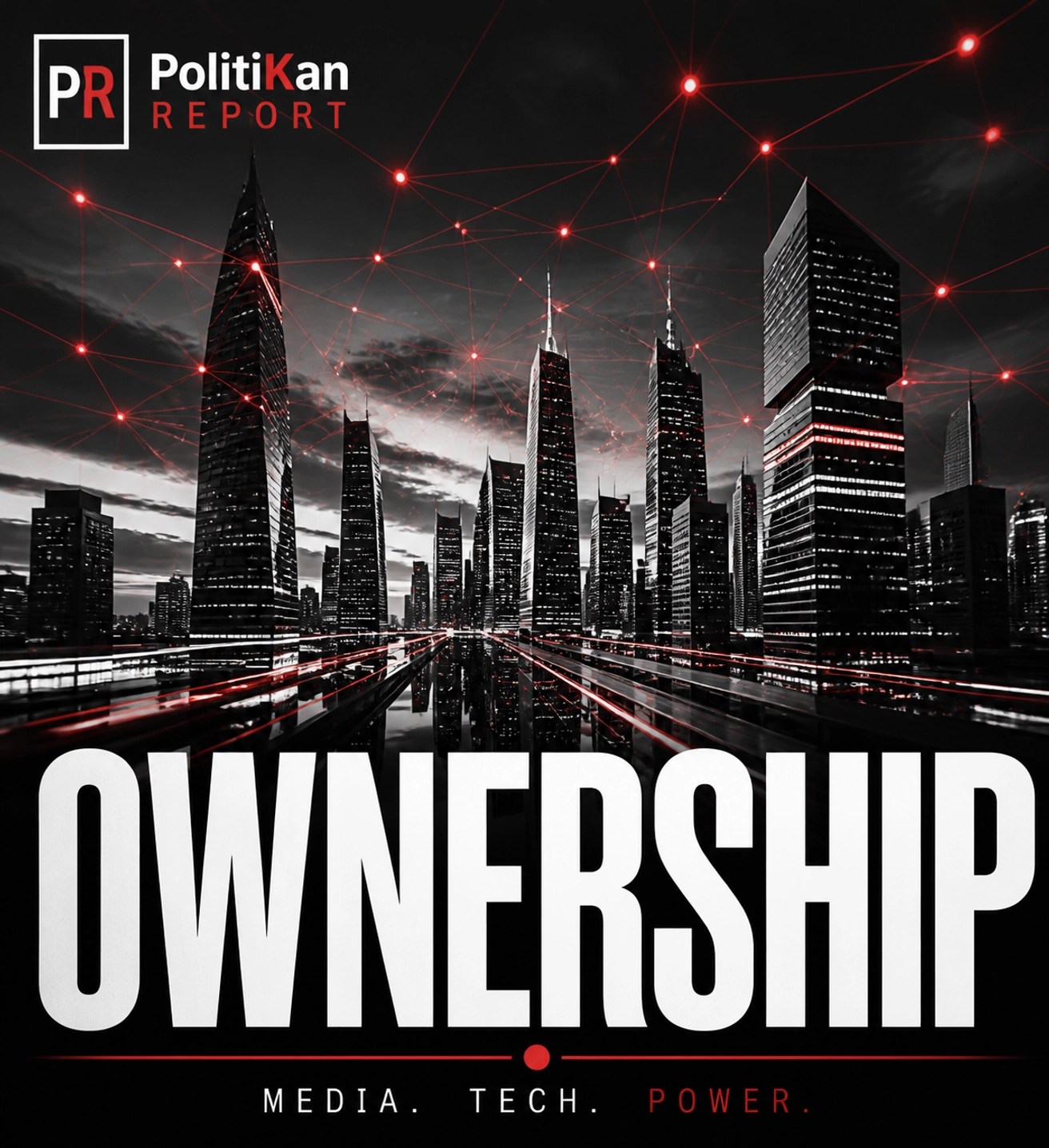 Digital city skyline representing media and tech infrastructure with bold OWNERSHIP text in red and black.