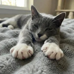 A happy rescue cat stretching on a blanket, showing the results of loving care.